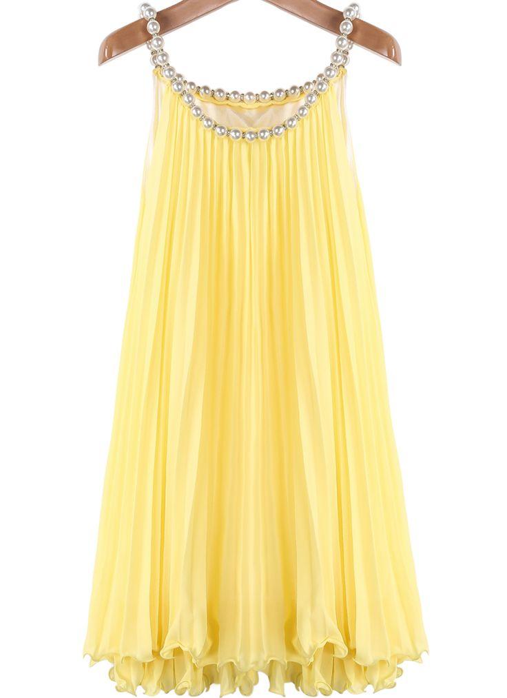 Mariage - Yellow Bead Pleated Chiffon A Line Dress - Sheinside.com