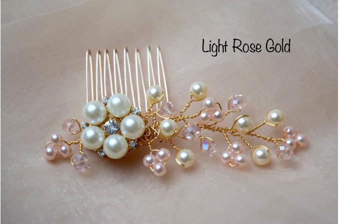 زفاف - Bridal Hair Comb Made With Pearl Flower Brooch, Light Pink/Blush/WhitePearl/Clear Beads Silver Comb, Silver/Gold Wire, Bridal Hair Accessory
