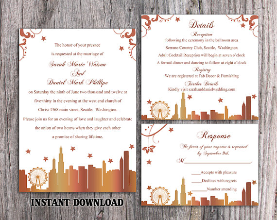 Mariage - DIY Wedding Invitation Template Set Editable Word File Download Printable Invitation Chicago Skyline Invitation Elegant Invitation