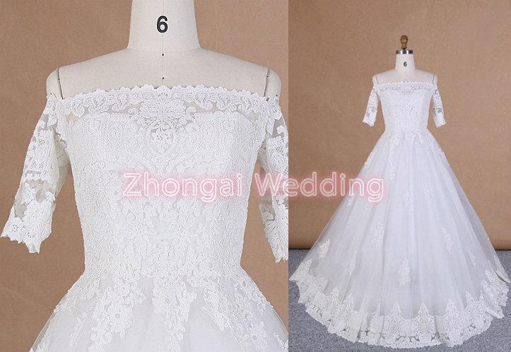Wedding - Wedding dress, lace wedding dress, Ivory bridal dress, off-shoulder dress, short sleeves wedding dress, ball gown dress, big train dress