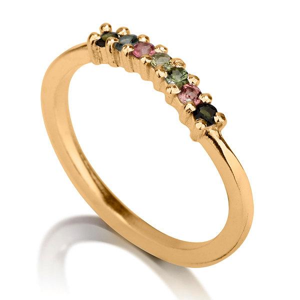 Wedding - 14K Gold Engagement Tourmaline Ring , Gold Tourmaline Ring , Seven Stones Ring, Tourmaline Engagement Ring , Promise Ring