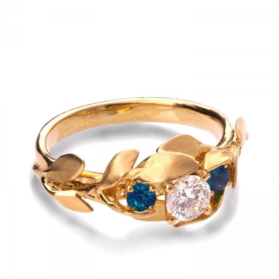 Wedding - Leaves Engagement Ring, 18K Yellow Gold engagement ring, Three stone ring, sapphire ring, 3 Stone Ring, leaf ring, September Birthstone, 8