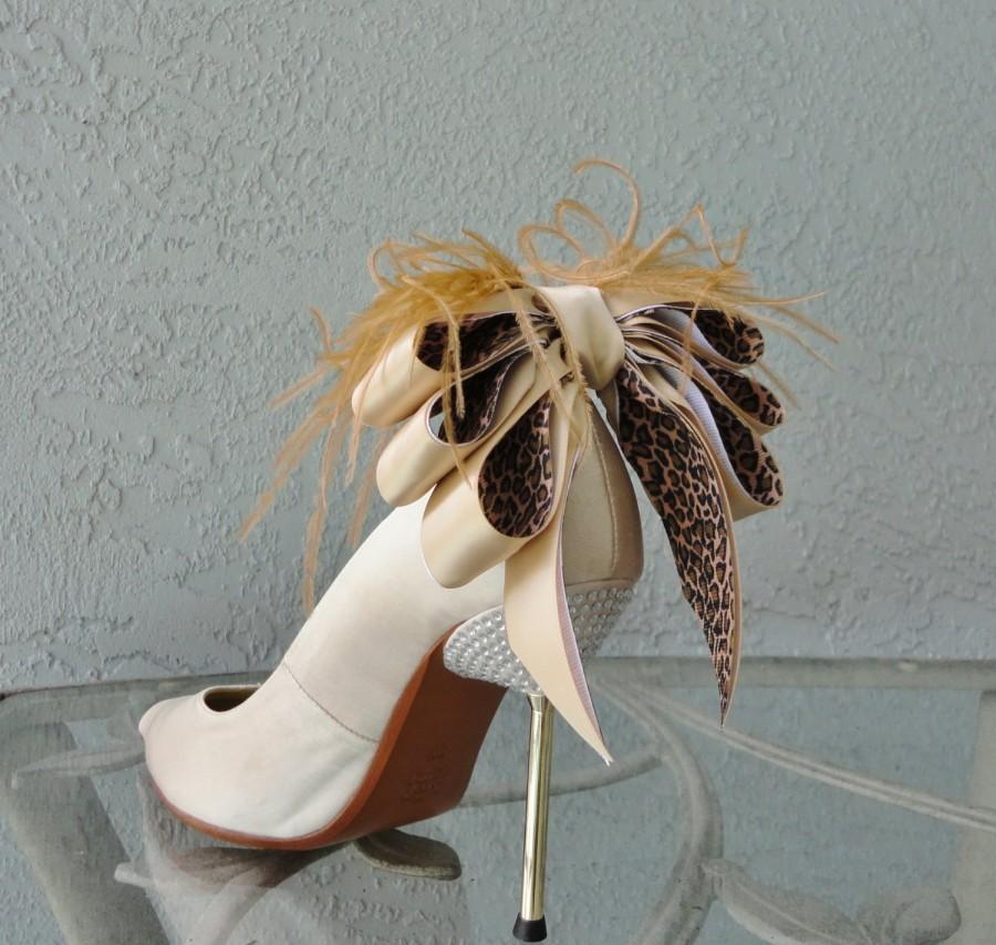 Hochzeit - Bridal Formal Sexy Shoe Clips Nude And Animal Print Satin Ribbon  Bow And Feather More Colors