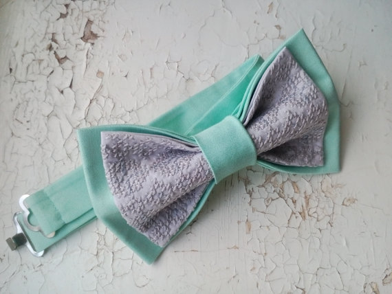 Wedding - Mingras Bow tie Wedding bow tie Mint grey groom's bowtie Men's bowtie Gift for brother Present boys Tie Birthday gift Mariage Embroidery