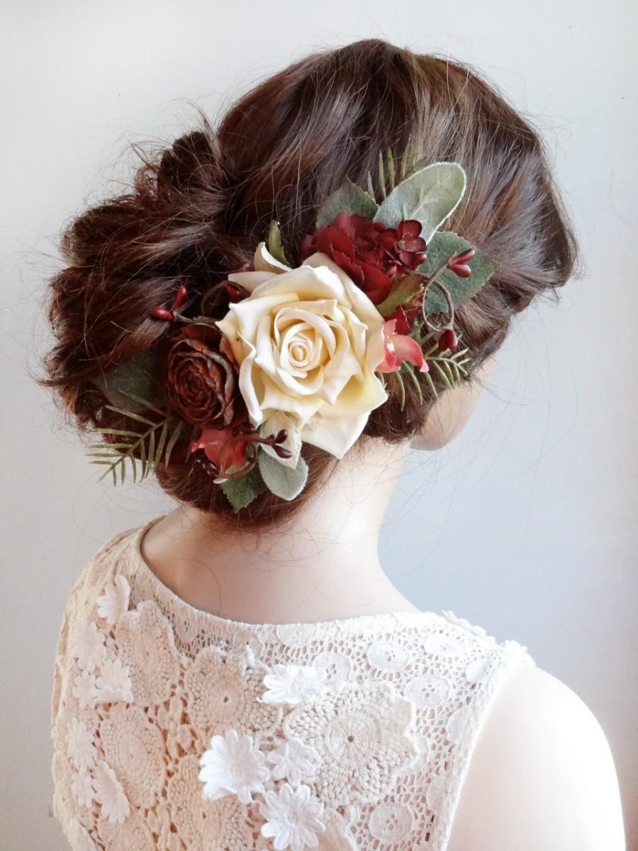 زفاف - wedding hair piece, burgundy red hair accessory, bridal hairpiece, red hair clip, bridal hair comb, rustic wedding, dark red flower