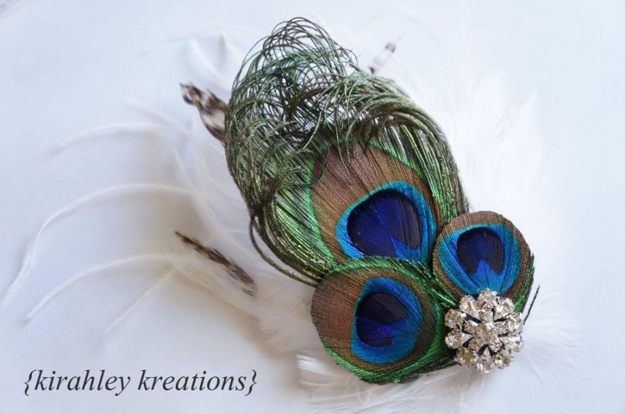 Mariage - Peacock Feather Wedding Fascinator Bridal Bride Bridesmaid BLITHE Headpiece Hair Clip White Blue Barred Feathers Vintage Style Rhinestone