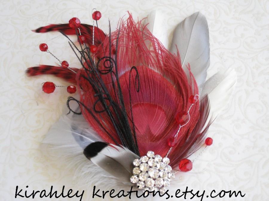 Свадьба - Ruby Red Peacock Bridal Fascinator Bride Wedding Prom AMORE Silver White Black Duck Feathers Sparkling Crystals Spray Rhinestone Cluster