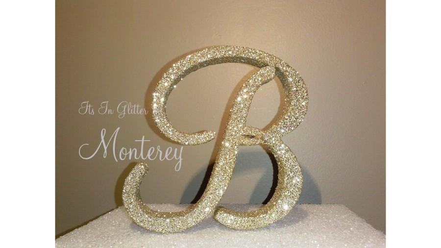 Hochzeit - Monogram 3 D cake topper pictured in 4 inch in Gold/Silver mixed glitter