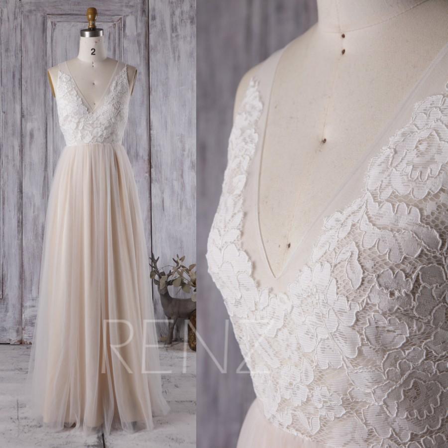 Свадьба - 2016 Off White/Champagne Bridesmaid Dress, V Neck Lace Wedding Dress, A Line Mesh Prom Dress, Ruched Long Evening Gown Floor Length (LS162)