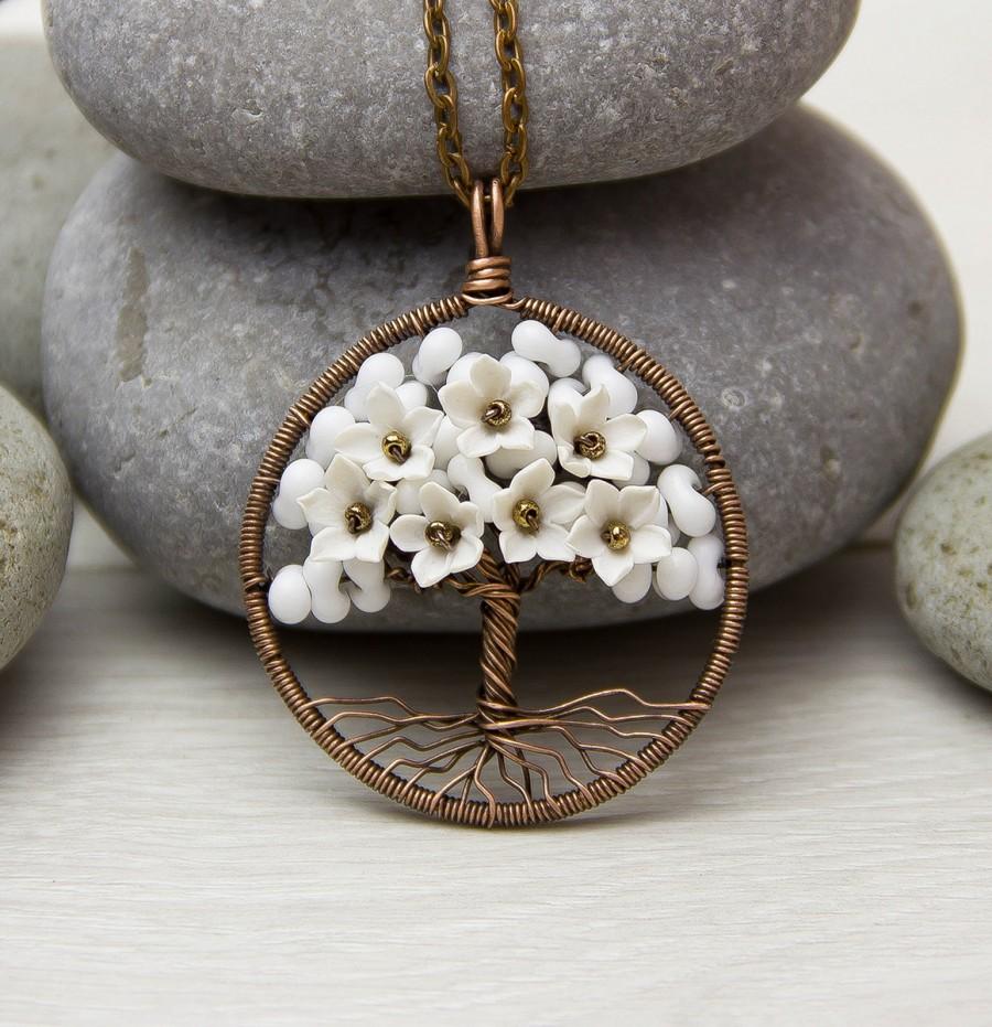 Wedding - Tree-Of-Life Necklace Pendant Copper Wire Wrapped Pendant White Necklace Brown Wired Copper Jewelry Wire Wrapped ModernTree  Necklace Rustic