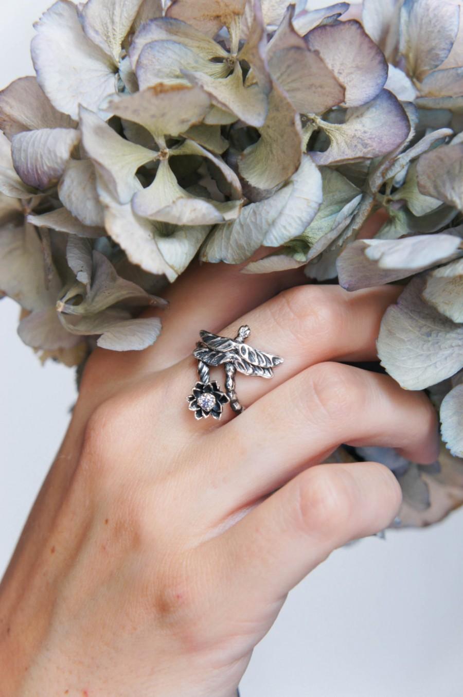 زفاف - Dragonfly and lotus adjustable ring with cubic zirconia, dragonfly ring, flower ring, nature ring, nature jewelry, sterling silver ring
