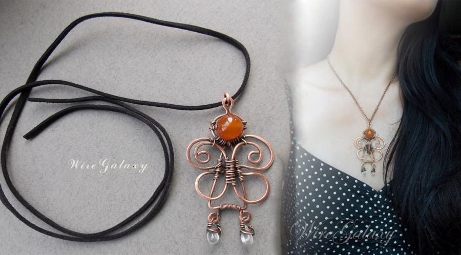 زفاف - Magic pendant fairy with quartz boots made of copper with natural stone carnelian and quarts in wire wrap art technique