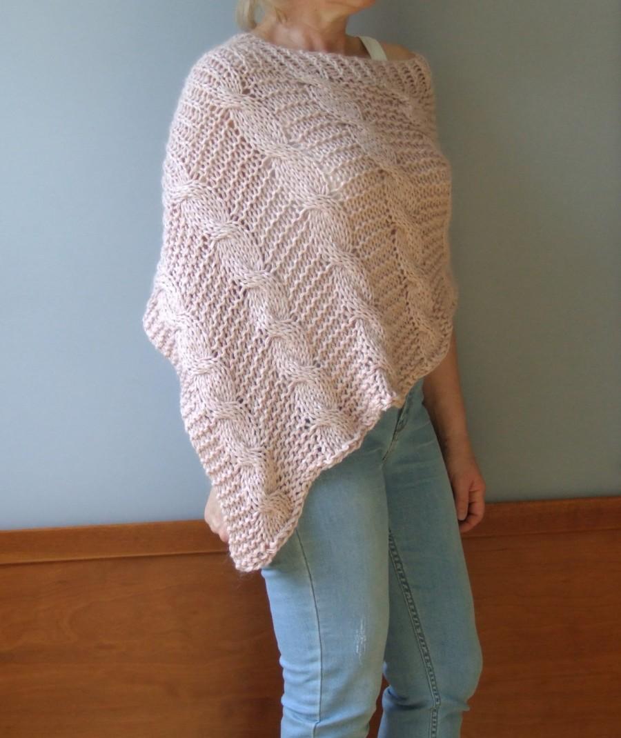 Wedding - Knit wool poncho Pink poncho Cable poncho Knitted pink wrap Cable wool sweater Wool  knitwear