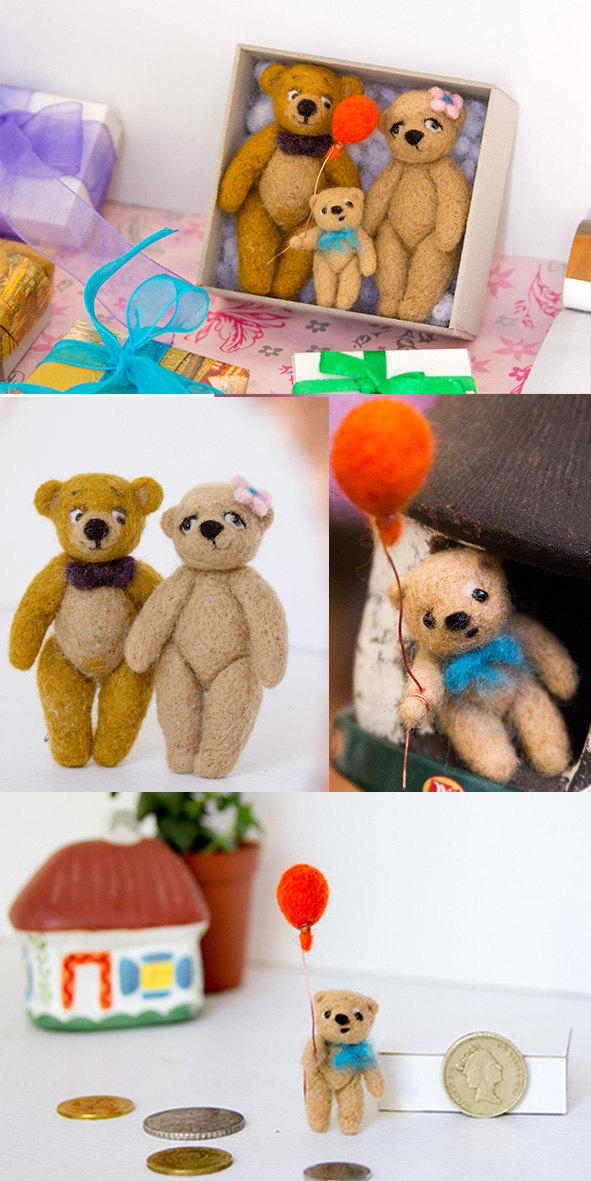 Wedding - Bear family with child, Teddy bear dollhouse miniature, small Teddy toy for baby, Wedding love gift, felt bear figurines