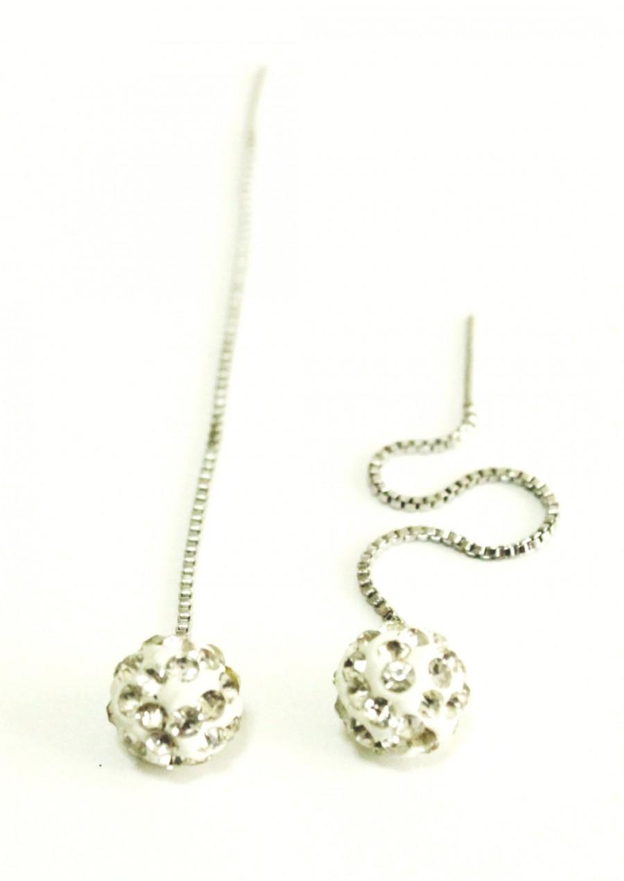 زفاف - BIG SALE, Long chain silver drop earings, Rhinestone Earrings, 8mm Crystal Shambhala ball Beads, Fireball Diamond Anti-allergic Earring