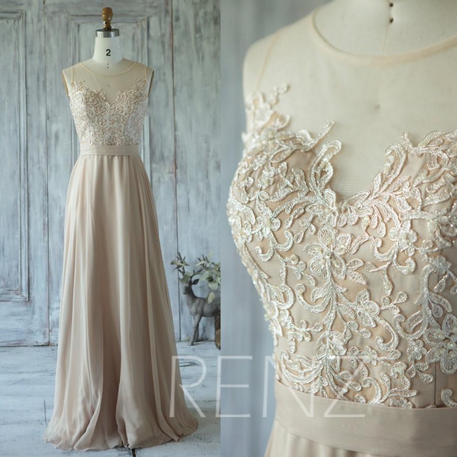 زفاف - 2016 Champagne Bridesmaid Dress, Mesh Illusion Wedding Dress, Sweetheart Lace Prom Dress, Long Chiffon Dress Floor Length (X015)