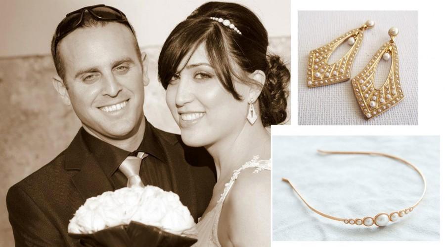 Wedding - Wedding Pearl SET, Gold pearl hair tiara, Bridal pearl earrings, Pearl headpiece, Bridal Jewelry SET, Pearl jewelry set, Wedding Accessories