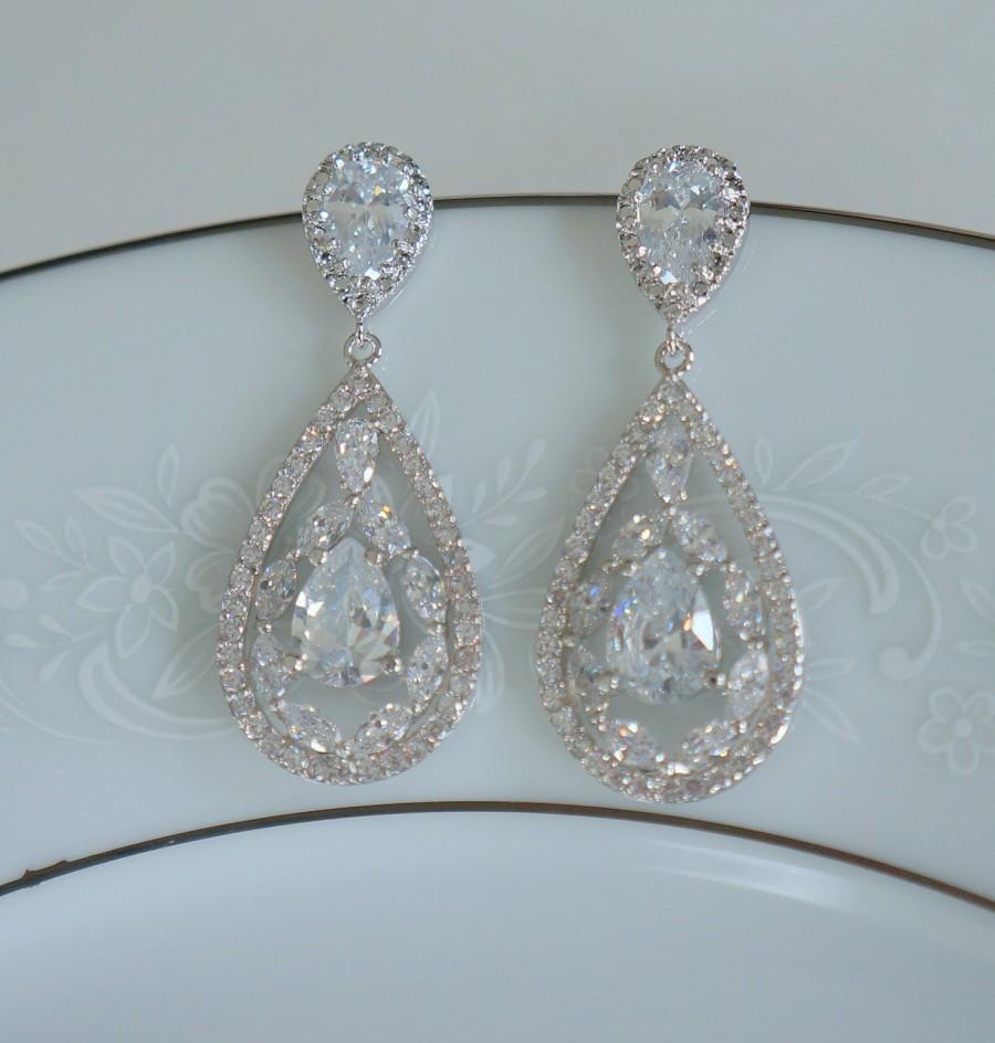 Mariage - Crystal Wedding Earrings Bridal Jewelry Large Teardrop Earrings Wedding Chandielier Earrings