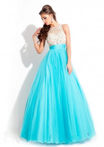 Hochzeit - Straps Tulle Sleeveless Blue Orange Beading Ruched Floor Length Ball Gown