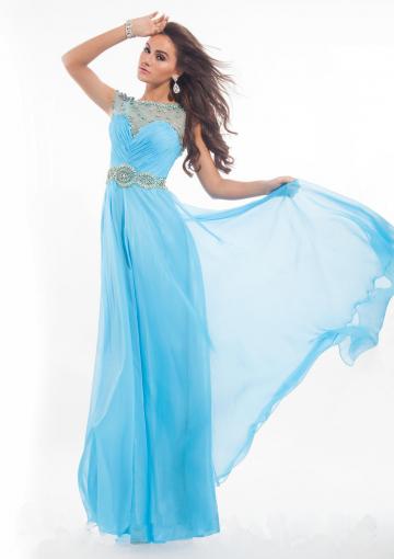 Mariage - Straps Crystals Chiffon Blue Sleeveless Ruched Floor Length