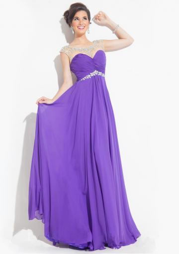 Mariage - Scoop Open Back Crystals Chiffon Purple Red Ruched Floor Length