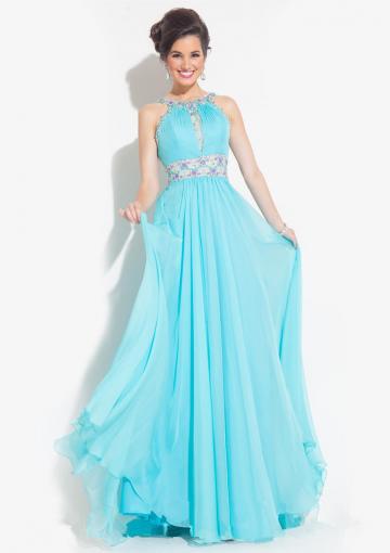 Mariage - Blue Straps Crystals Orange Pink Chiffon Ruched Floor Length