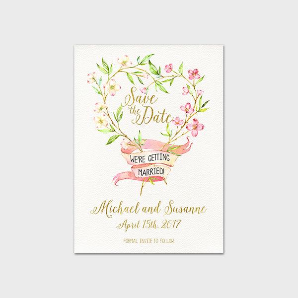 Mariage - Save The Date Printable Invitation Watercolor Heart Wreath Pink Blossoms Wedding Stationary Wedding Printable Pink Banner 5x7 Digital File