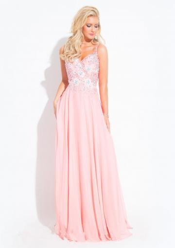 Mariage - Straps Crystals Appliques Sleeveless Pink Blue Chiffon Ruched Floor Length