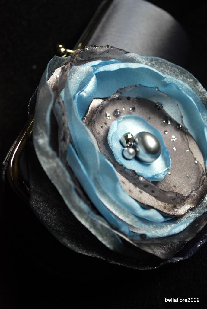 زفاف - Bridesmaid Clutch Winter Wedding Collection/ Platinum Satin Clutch with Silver and Ice Blue Fabric Flower with pearl center details