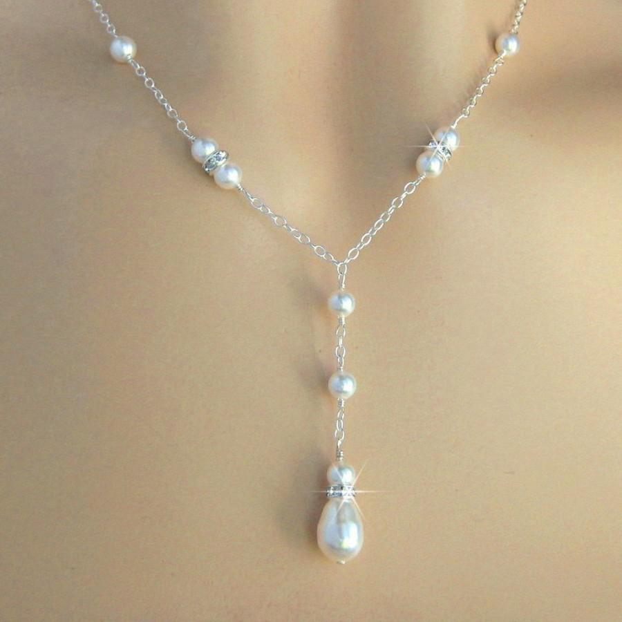 Hochzeit - Pearl Necklace - Crystal and Teardrop Pearl Bridal Necklace in White or Ivory Pearls - Y Drop Necklace - Wedding Jewelry by JaniceMarie