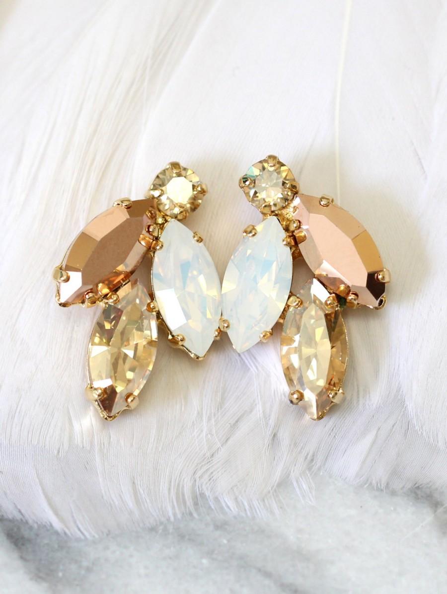 Свадьба - Rose Gold Champagne Cluster Earrings,Swarovski Crystal Earrings,Bridal Rose Gold Earrings,Bridesmaids Earrings,White Opal Champagne Studs