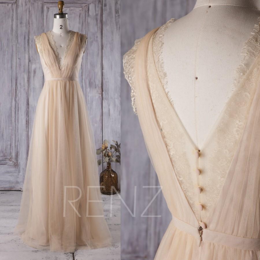 Mariage - 2016 Beige Mesh Bridesmaid Dress, V Neck Lace Wedding Dress, A Line Prom Dress, V Back Evening Gown, Cocktail Dress Floor Length (LS150)