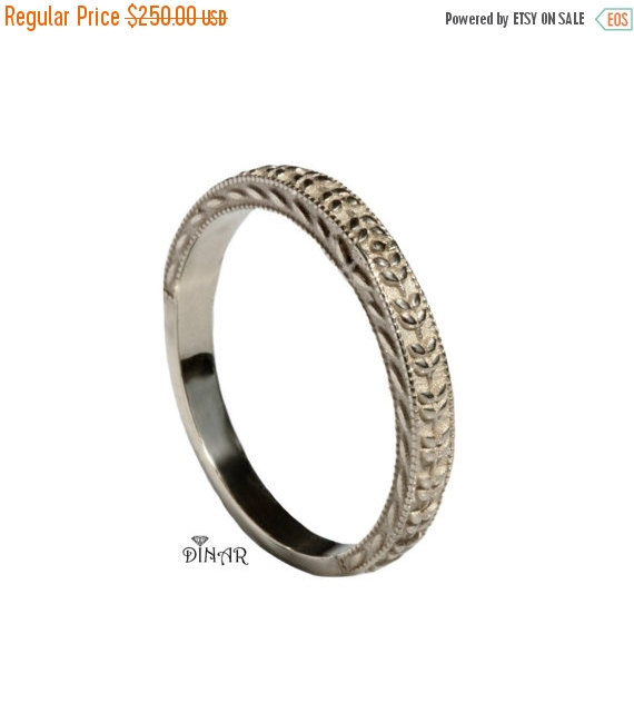 زفاف - 14k Art Deco style thin wedding band, stack white gold wedding ring ,women leaf gold band ,leafs ring, engraved leaf miligrain stacking ring