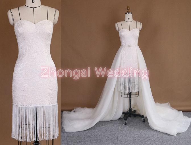 Hochzeit - Two-piece wedding dress, detachable train wedding dress, tassels wedding dress, lace wedding dress, organza bridal dress, champagne lining