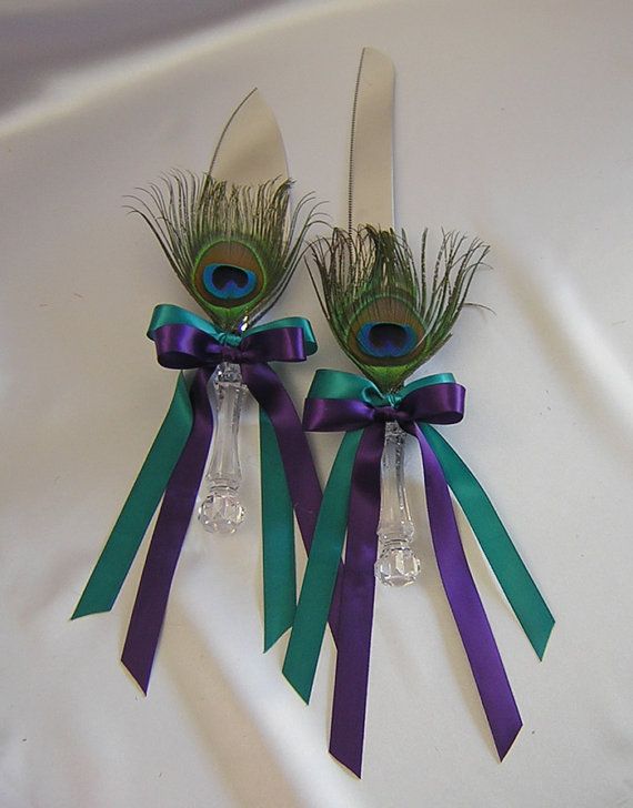 Mariage - Wedding Bridal Peacock Cake Knife And Server Set Your Color Ribbon