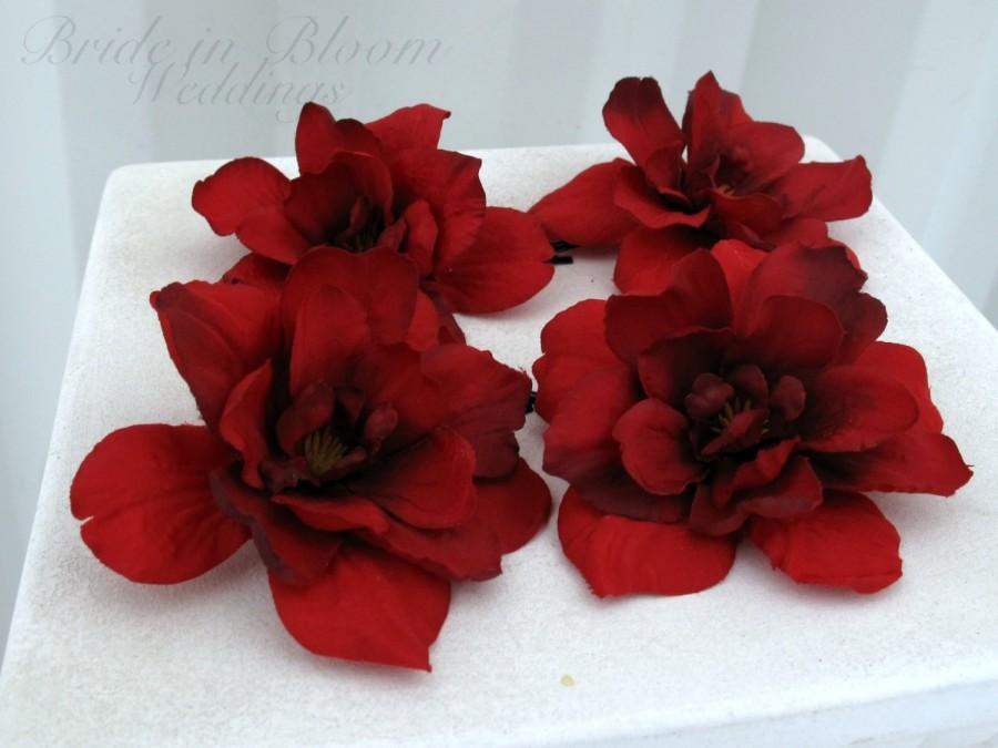 Mariage - Wedding hair accessories Red delphinium bobby pins set of 4 Bridal hair flowers