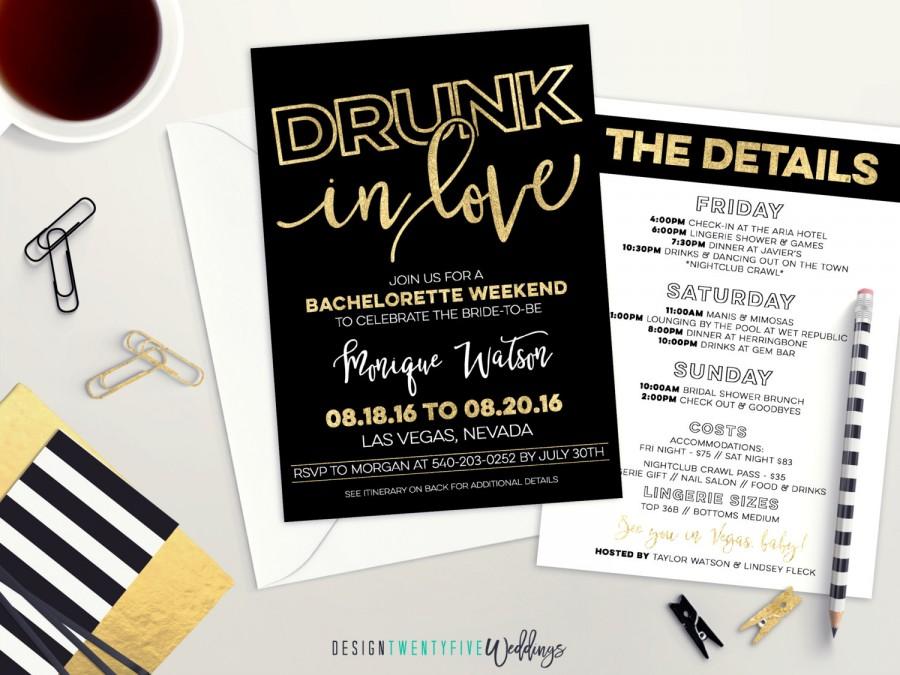 Wedding - Drunk in Love Bachelorette Party Invitation // 5x7 // Black & Gold // Custom Invitation // Last Fling Before the Ring // Party Itinerary