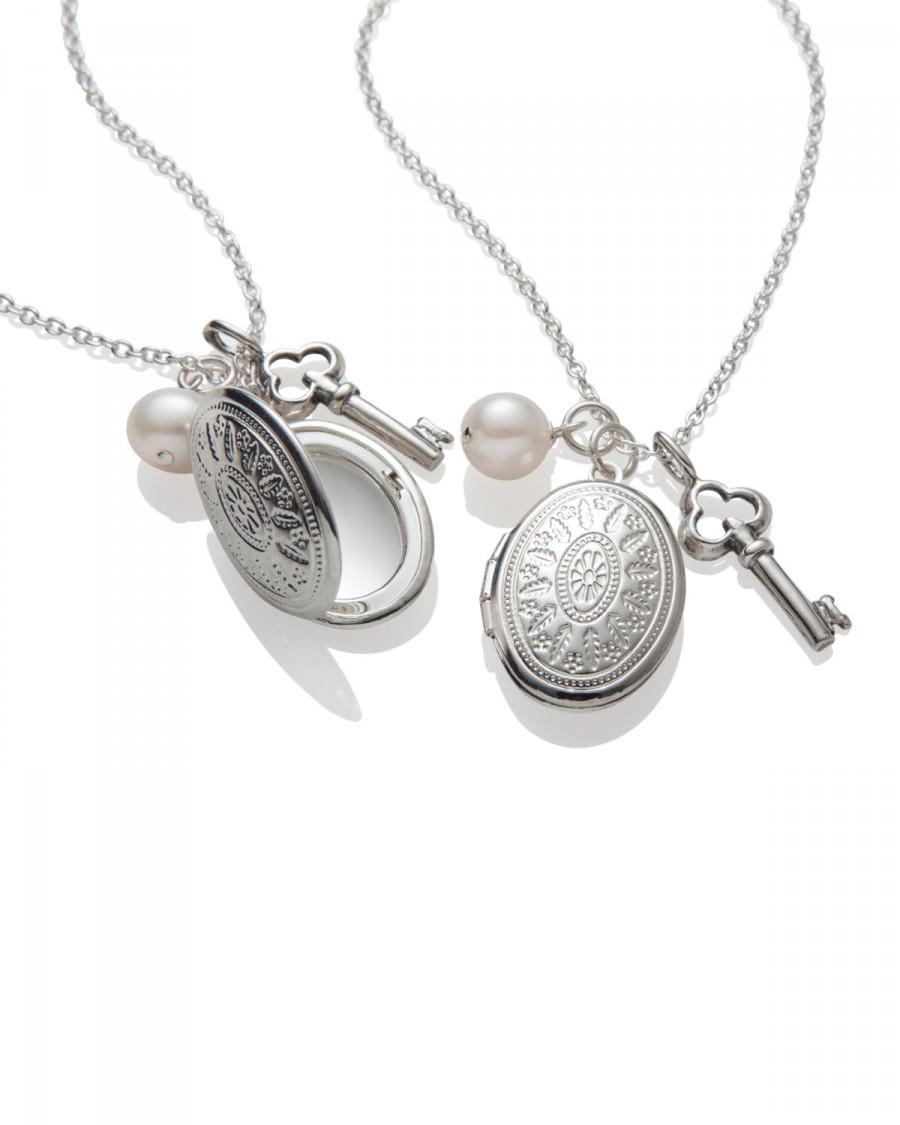زفاف - Bridesmaid Locket Necklace, Set of 3, Wedding Jewelry, Bridesmaid Gift, Sterling Silver, Pearl BM016