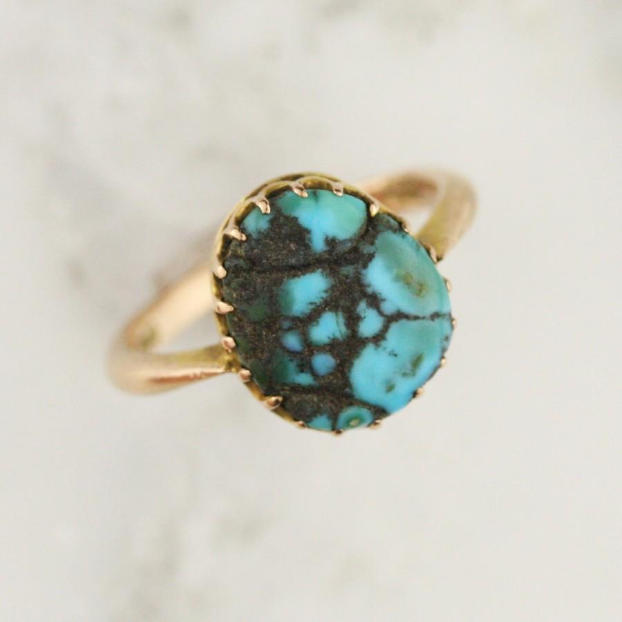 زفاف - Victorian Turquoise Ring Solid 9k Rose Gold - Antique 1867