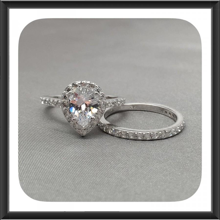 زفاف - Halo Pear Shape Cubic Zirconia Engagement Ring Set In Rhodium Plated Sterling Silver, Engagement Ring Set, Wedding Ring Set