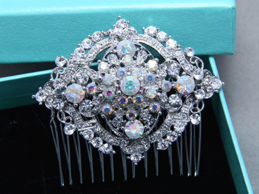 Hochzeit - Aurora Borealis Crystal / All Clear Rhinestone Crystal Vintage Style Oval Wedding Hair Comb, AB Crystal Bridal Hair Comb, Alligator Clip