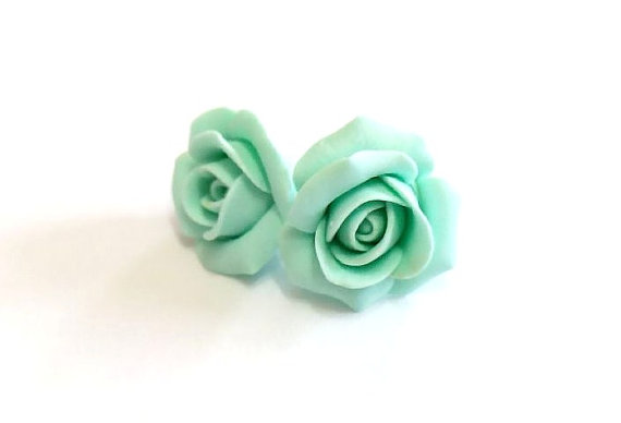 Свадьба - Mint Rose Earrings, Small Flower Studs Earrings, Vintage Style Floral Retro Jewelry, Womens Fashion Accessories,Wedding,Bridesmaids Earrings