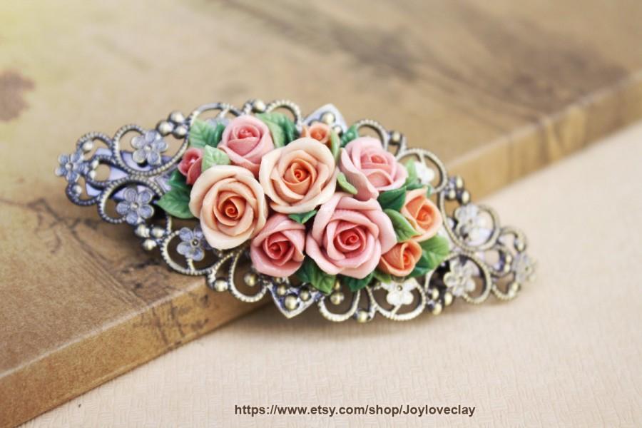 Pair of hair clips hair accessories hair pin clasp barrette pink roses made of polymer clay
