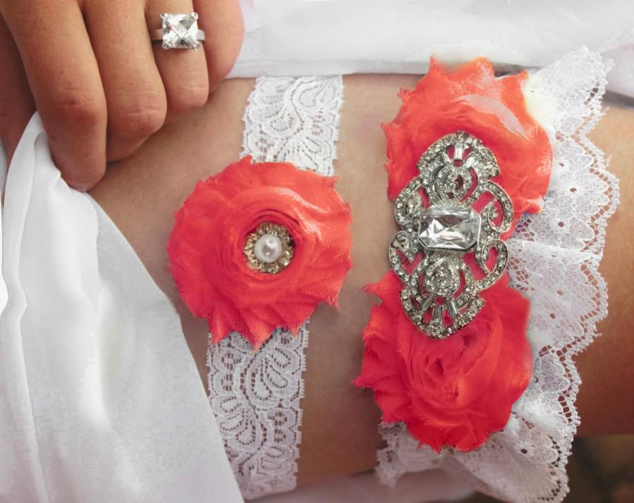 Hochzeit - Coral Garter - White Lace Wedding Garter w/ Bling - Coral & Navy Wedding Garder Set, Plus Size Garter, Wedding Accessories, Bridal Lingerie,