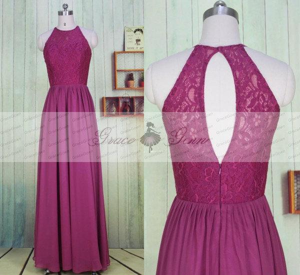 Wedding - Prom Gown Dresses 2016,Lace Chiffon Formal Dress,Bridesmaid Dress Purple,Sexy Evening Gown,High Neck Prom Dress,Burgundy Bridesmaid Dresses