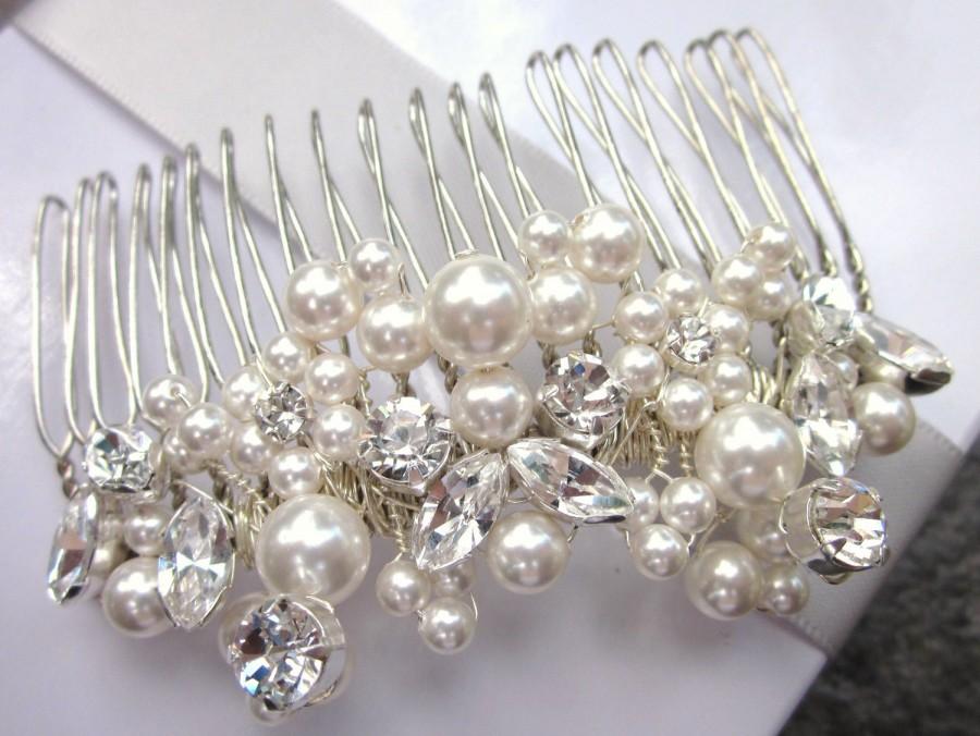 Hochzeit - Vintage bridal comb head piece, pearl and rhinestone clusters - 'Starlet'