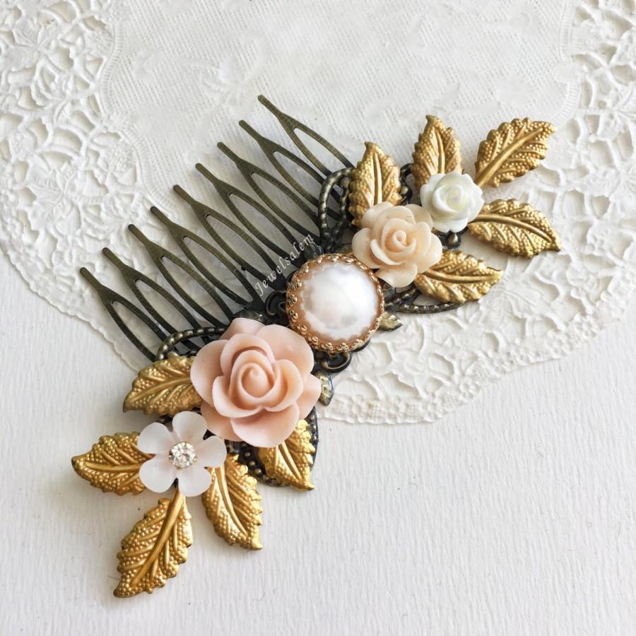 Wedding - Blush Flower Pastel Wedding Comb Soft Pink Cream Hair Slide Gold Leaf Comb Elegant Bridesmaid Comb Romantic Maid of Honor Hair Pin Gift