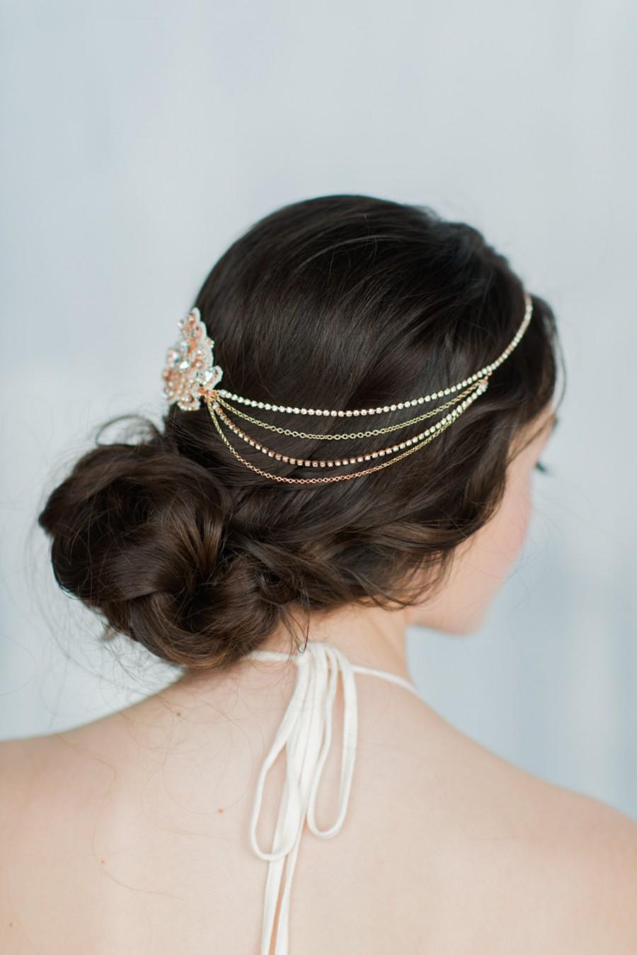 Mariage - Rose Gold Hair Chain, Bridal Hair Chain Bohemian Hair Chain, Crystal Headpiece, Bridal Accessory, Gold Hair Chain, Chain Accessory, ARABELLA