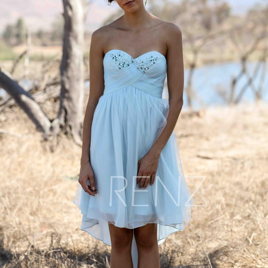 Hochzeit - 2016 Light Blue Bridesmaid dress Short, Beaded Sweetheart Wedding dress, Strapless High Low Formal dress, Prom dress knee length (LS040A)