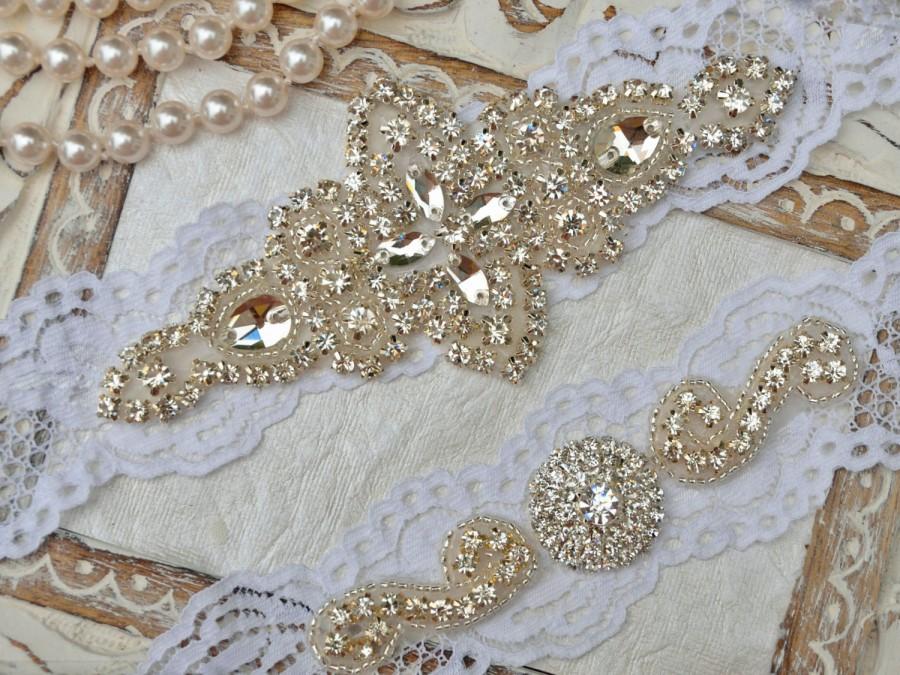 Wedding Garter, Off White Lace Garter, Crystal Rhinestone Garter, Bridal Garter Belt, Garter Set